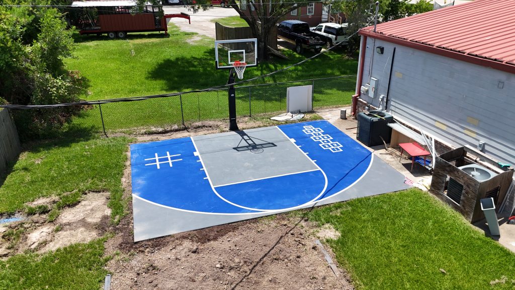 Blue and grey mini basketball court with tic tac toe and hopscotch game zones
