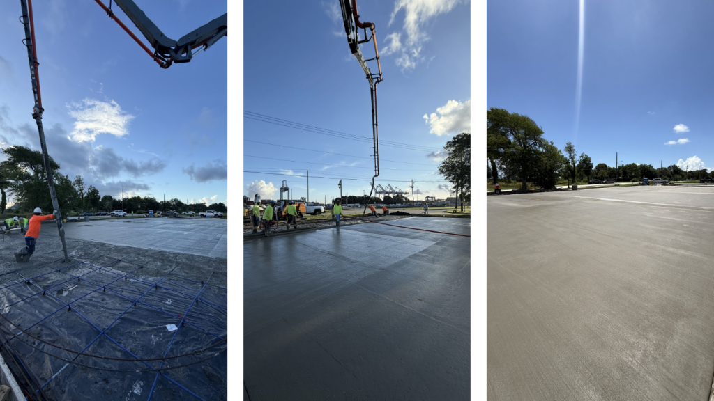 Construction crew pouring, leveling, and finishing a new concrete surface for the tennis courts at Morgan’s Point during a sunny day.