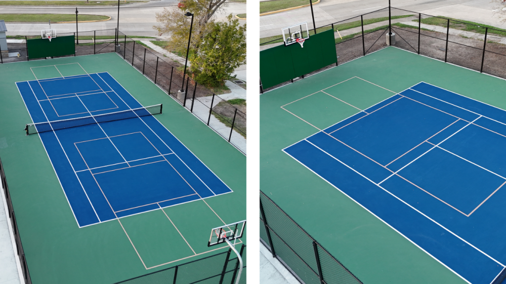 Aerial view of the completed Morgan’s Point tennis courts featuring a green and blue acrylic surface with crisp white lines, basketball goals, and fencing, with a close-up image on the right showing the detailed court markings and texture.