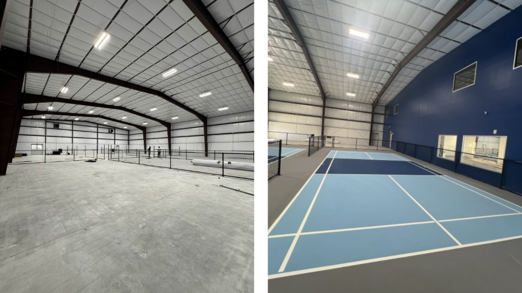 Before and after indoor pickleball club transformation at The Duel in Cypress, Texas by Build My Courts